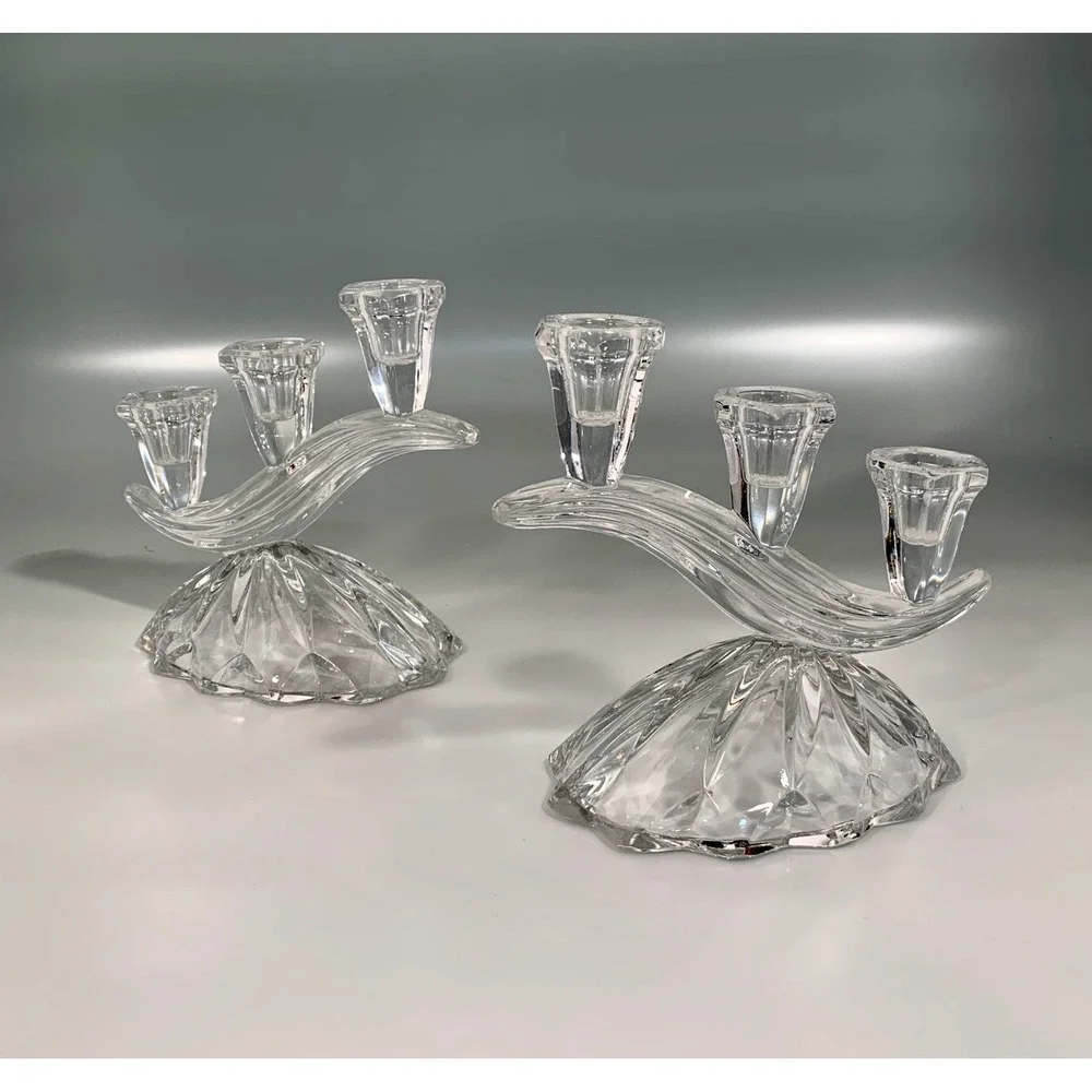 Set of 2 Anna Hutte Bleikristall 3-Light Candlesticks Cascading Glass Waves